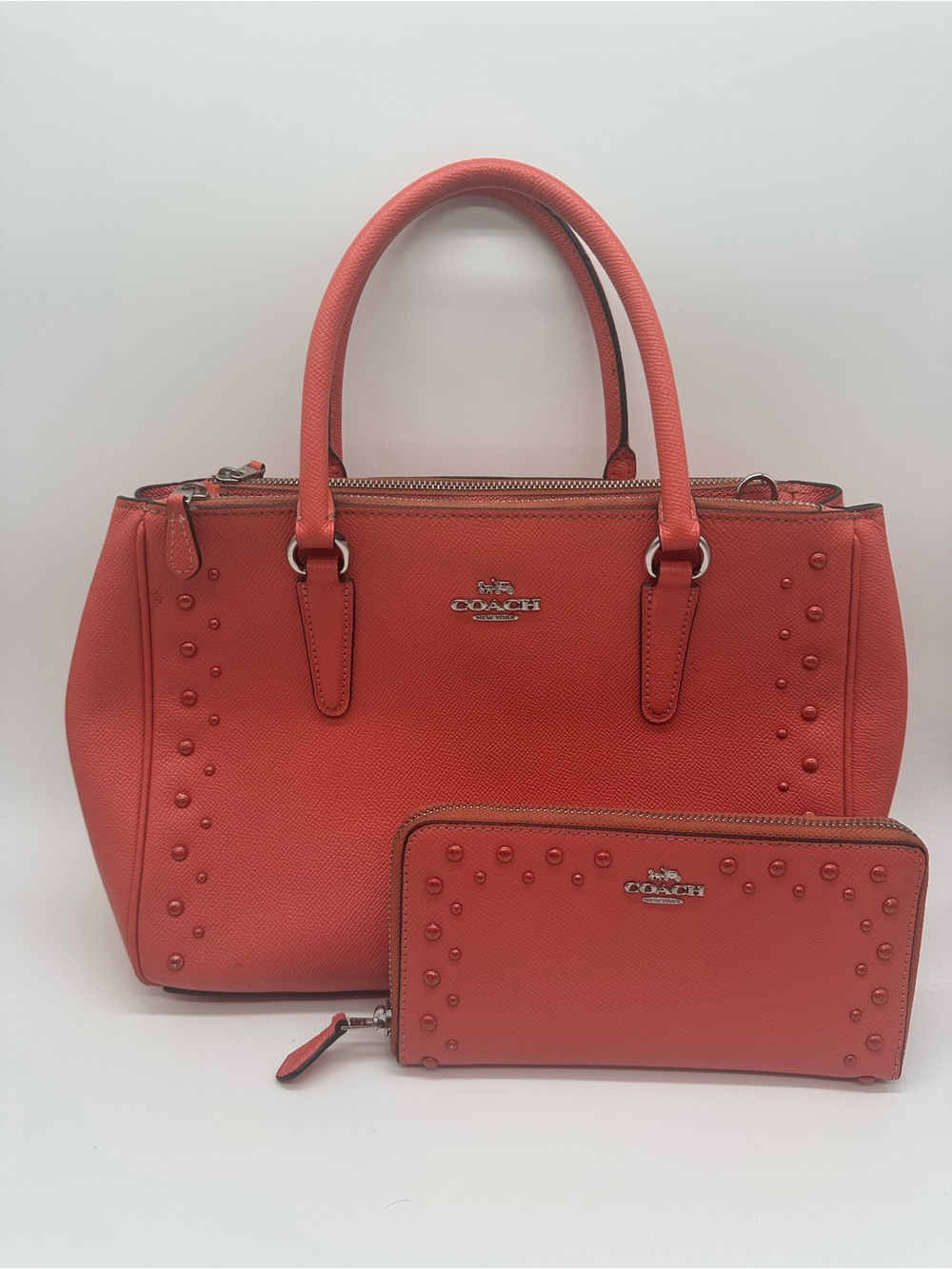 COACH Coral-Orange Pebbled Leather Satchel with Matching Wallet